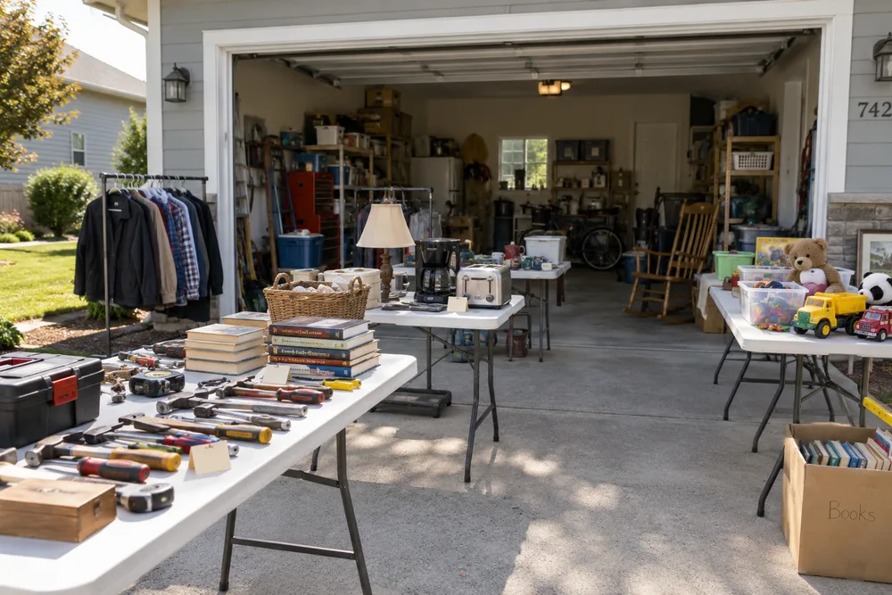 Illustration of tools, books, toys and small appliances on tables in an open garage and driveway.