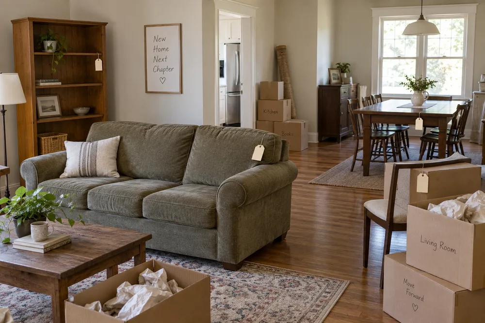 Illustration of furniture with sale tags beside packing boxes in a home being prepared for a move.